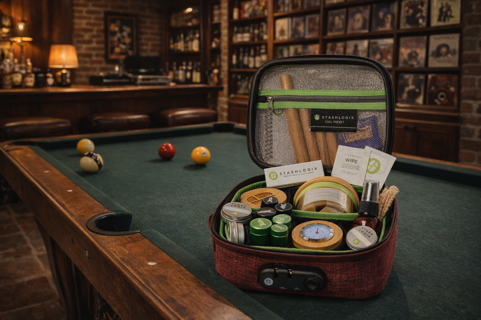Image of stashlogix bag filled with accessories, sitting on a pool table. 