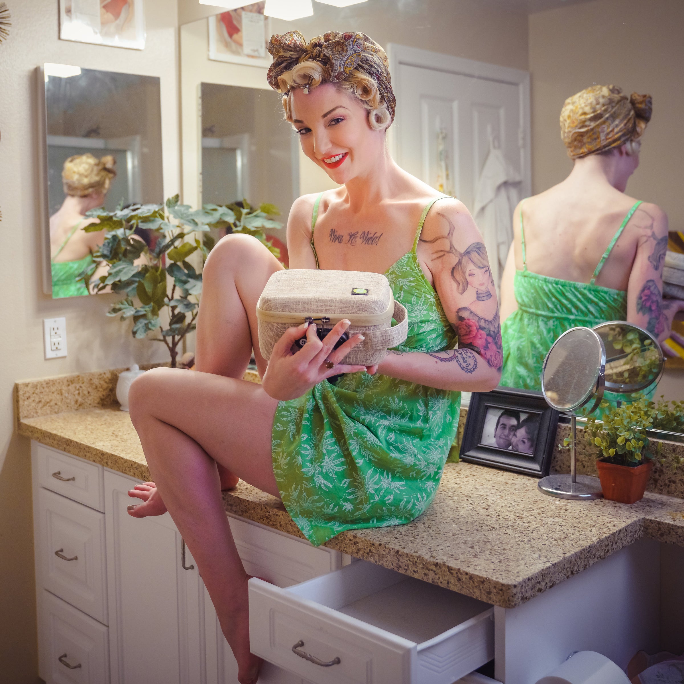 Image of mom in bathroom keeping medication locked in Stashlogix's Silverton.