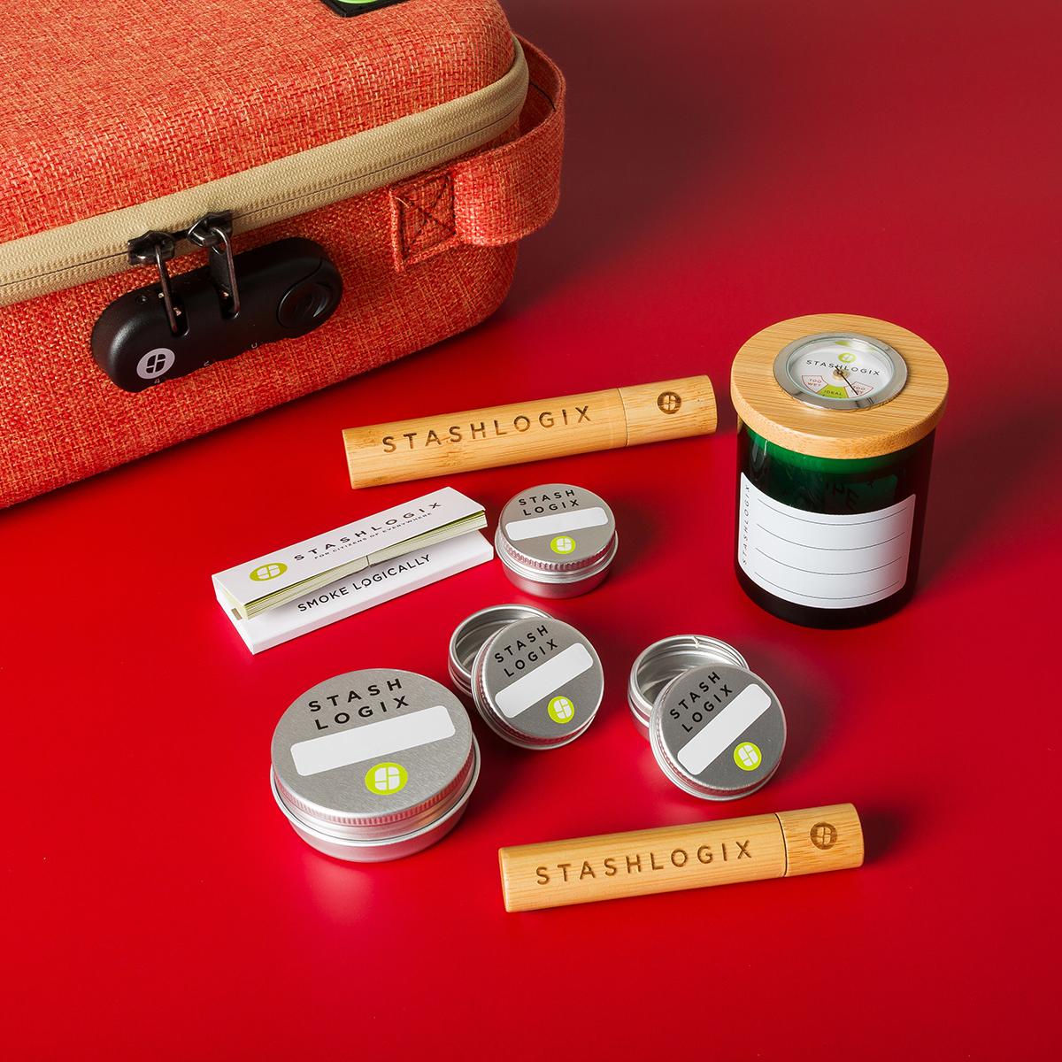 Image various stashlogix products, like bamboo smartjars, storage tins, and bamboo stashtubes. 